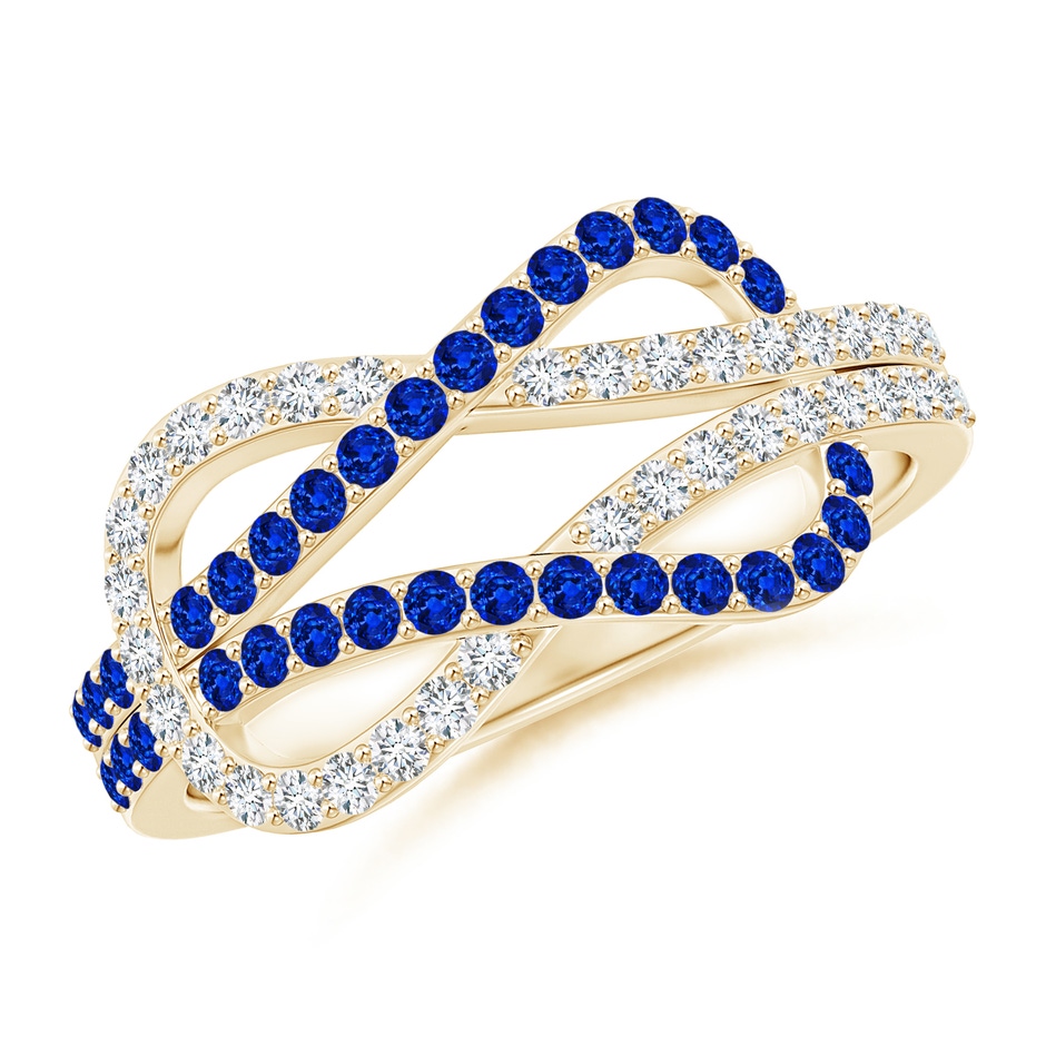 1.3mm AAAA Encrusted Blue Sapphire and Diamond Infinity Knot Ring in Yellow Gold 