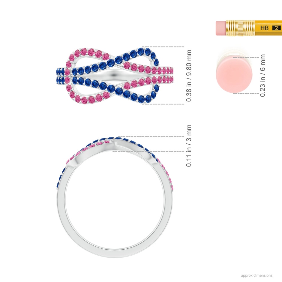 1.3mm AAA Encrusted Pink and Blue Sapphire Infinity Knot Ring in White Gold ruler