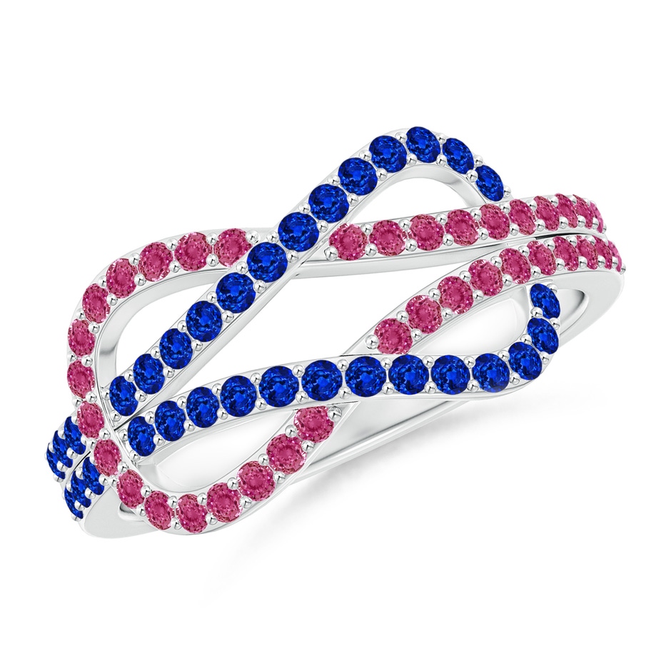 1.3mm AAAA Encrusted Pink and Blue Sapphire Infinity Knot Ring in White Gold 