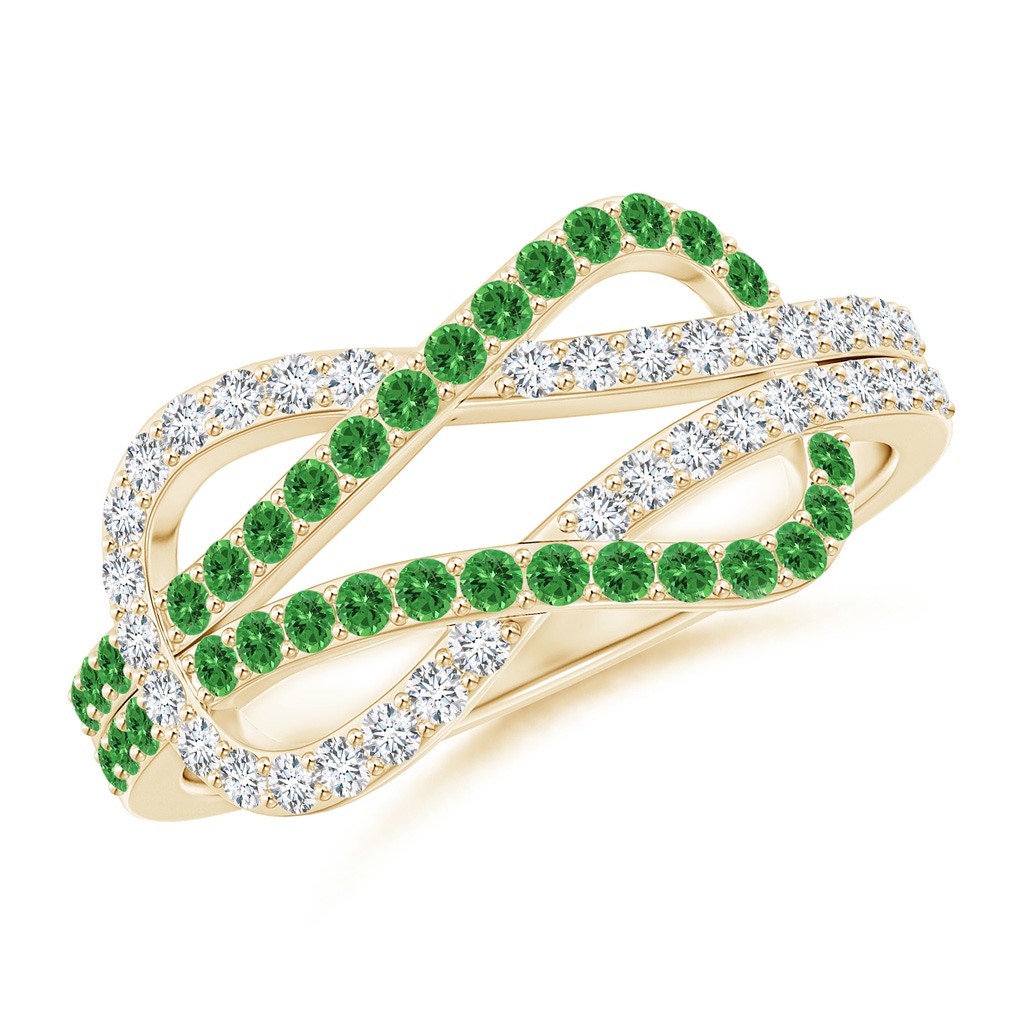 1.3mm AAAA Encrusted Tsavorite and Diamond Infinity Knot Ring in Yellow Gold