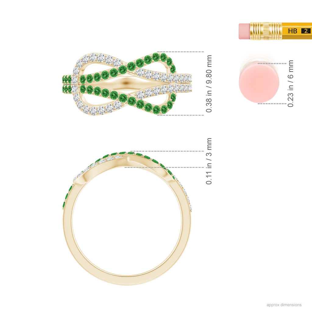 1.3mm AAAA Encrusted Tsavorite and Diamond Infinity Knot Ring in Yellow Gold Ruler