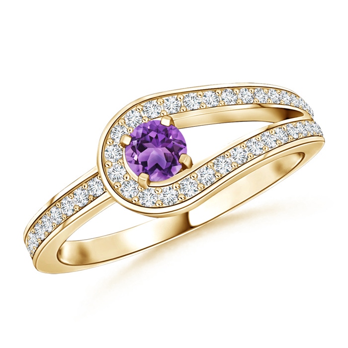 3.2mm AA Solitaire Amethyst Knot Promise Ring with Diamond in Yellow Gold 