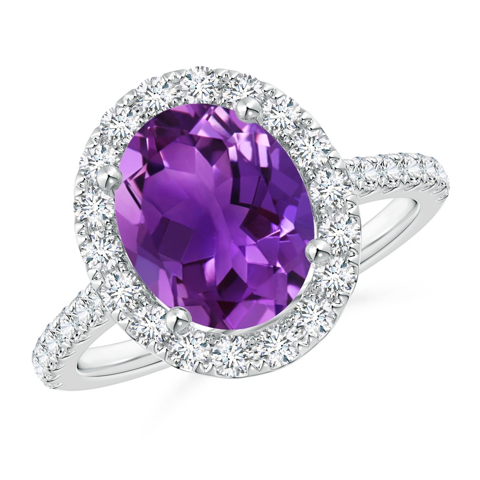 10x8mm AAAA Prong-Set Oval Amethyst Halo Ring with Diamond Accents in P950 Platinum 