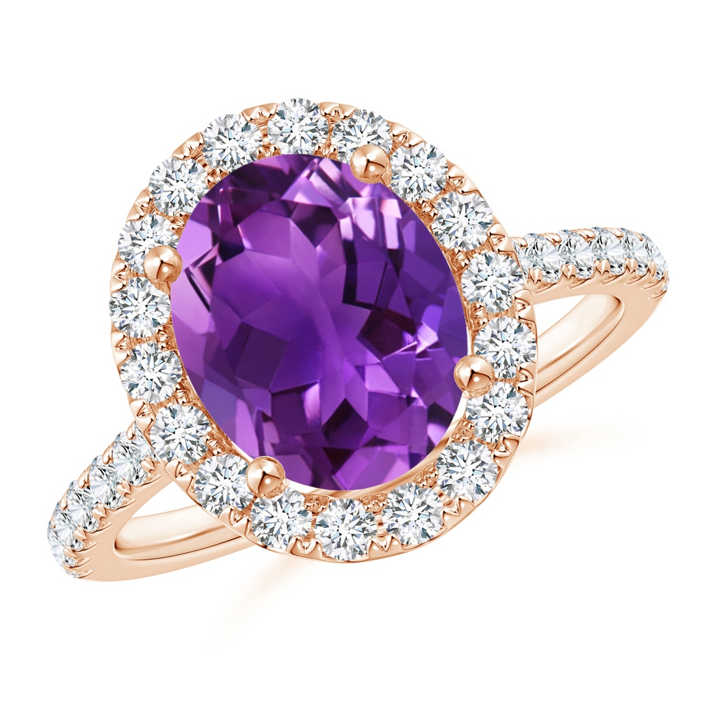 10x8mm AAAA Oval Amethyst Halo Ring with Diamond Accents in Rose Gold