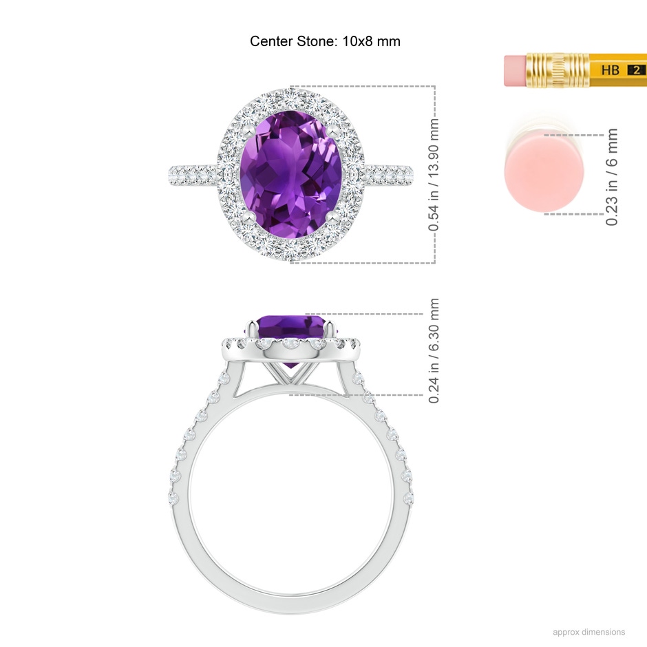 10x8mm AAAA Oval Amethyst Halo Ring with Diamond Accents in White Gold ruler