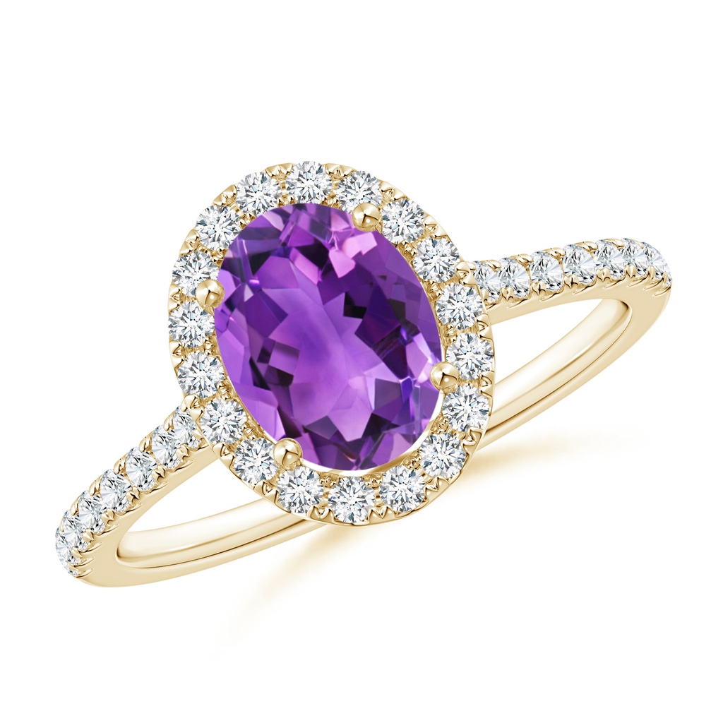 8x6mm AAA Oval Amethyst Halo Ring with Diamond Accents in Yellow Gold