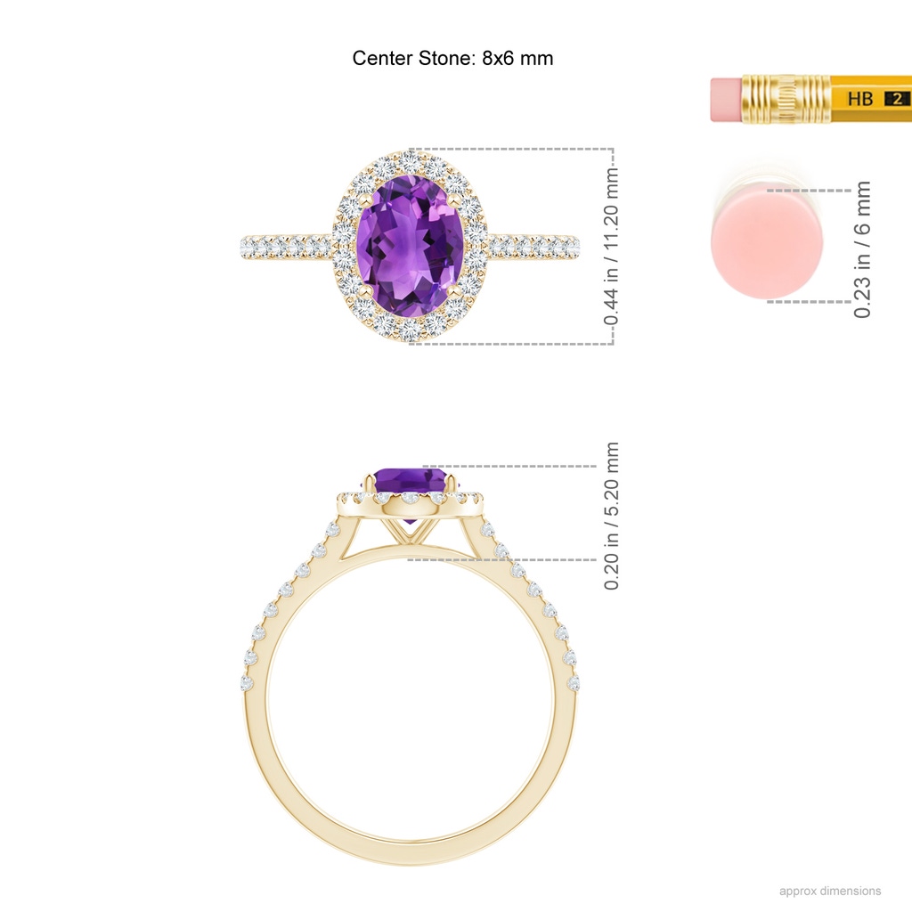 8x6mm AAA Oval Amethyst Halo Ring with Diamond Accents in Yellow Gold Ruler
