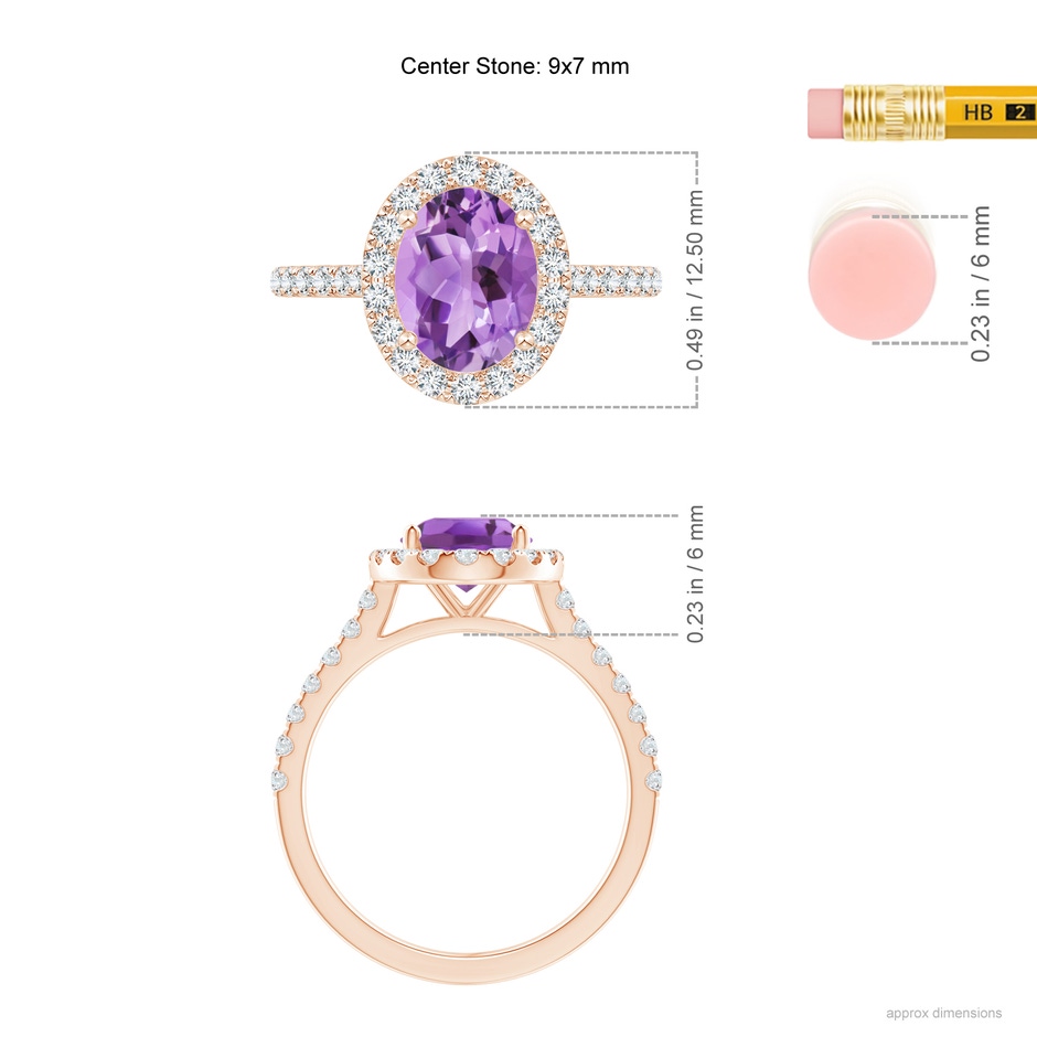 9x7mm A Prong-Set Oval Amethyst Halo Ring with Diamond Accents in Rose Gold ruler
