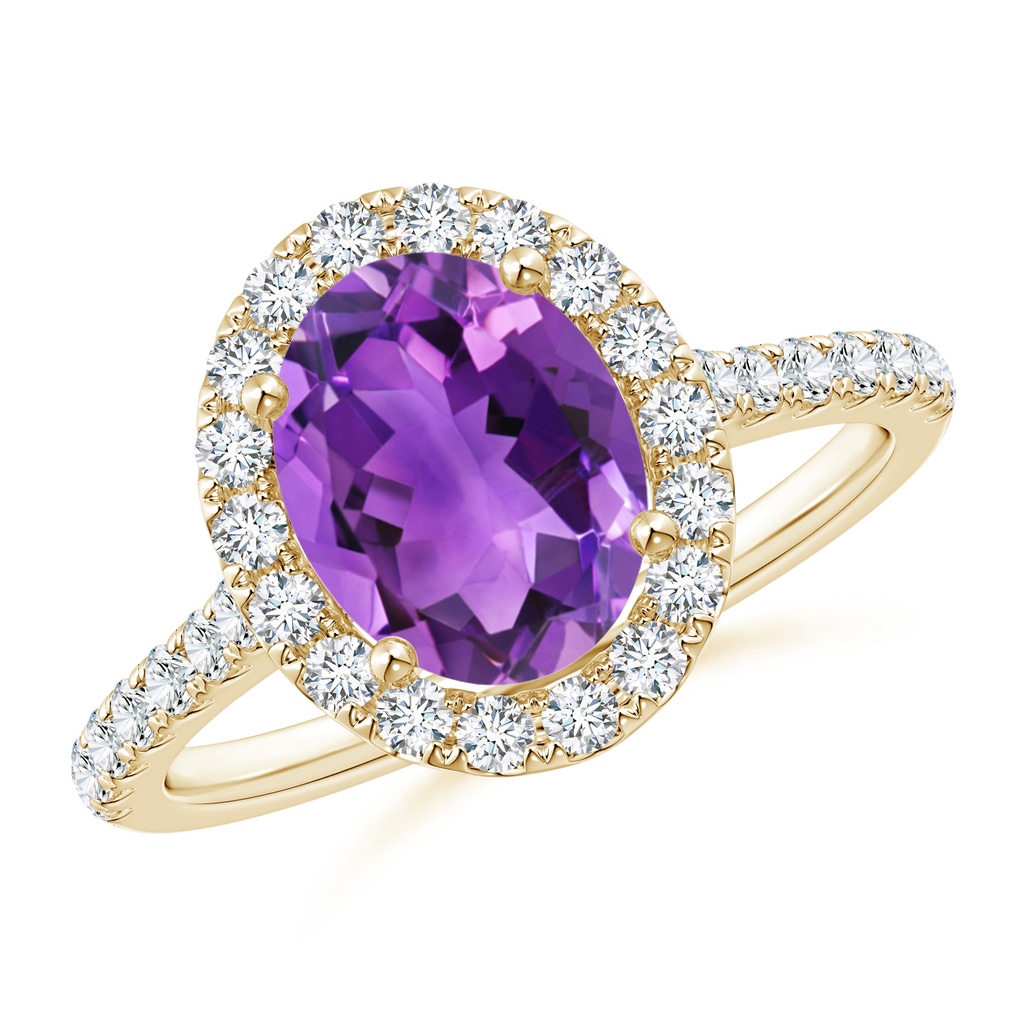 9x7mm AAA Prong-Set Oval Amethyst Halo Ring with Diamond Accents in Yellow Gold