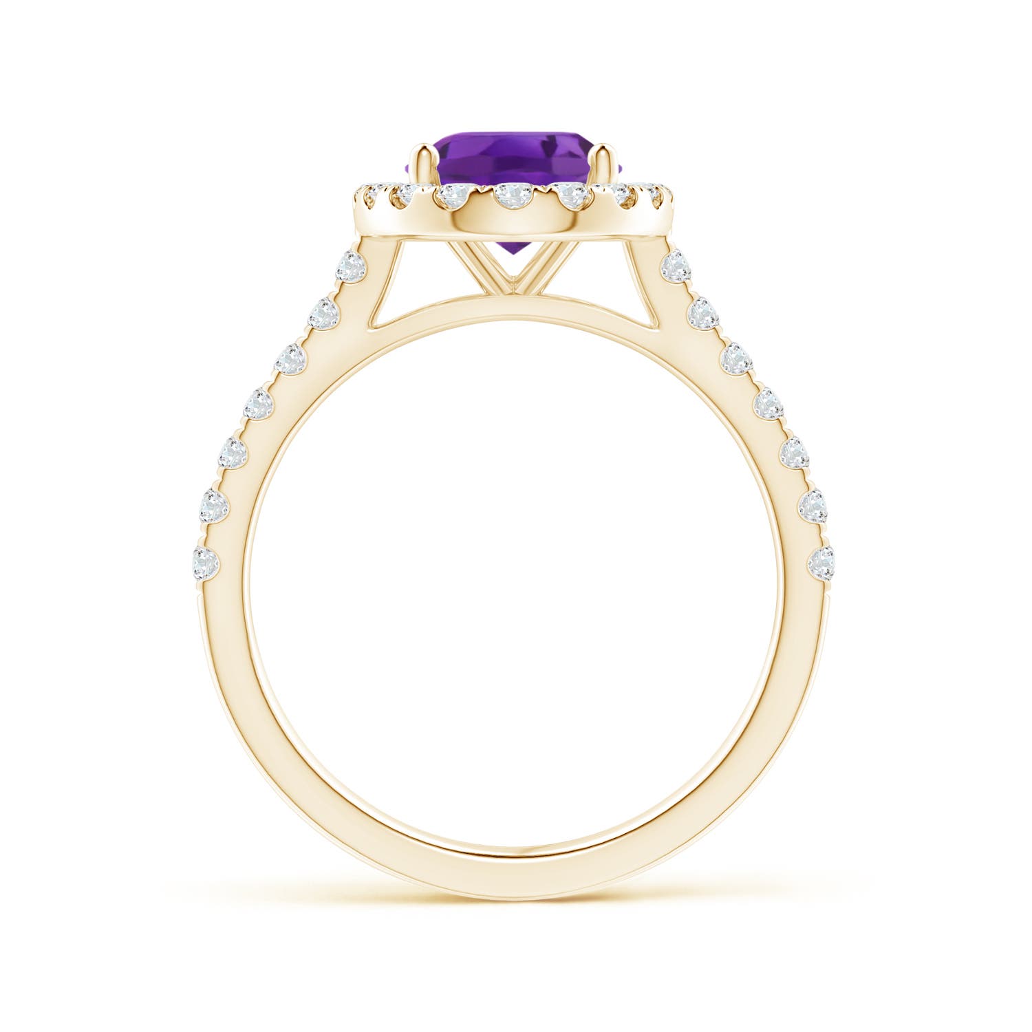 9x7mm AAA Prong-Set Oval Amethyst Halo Ring with Diamond Accents in Yellow Gold - side 2