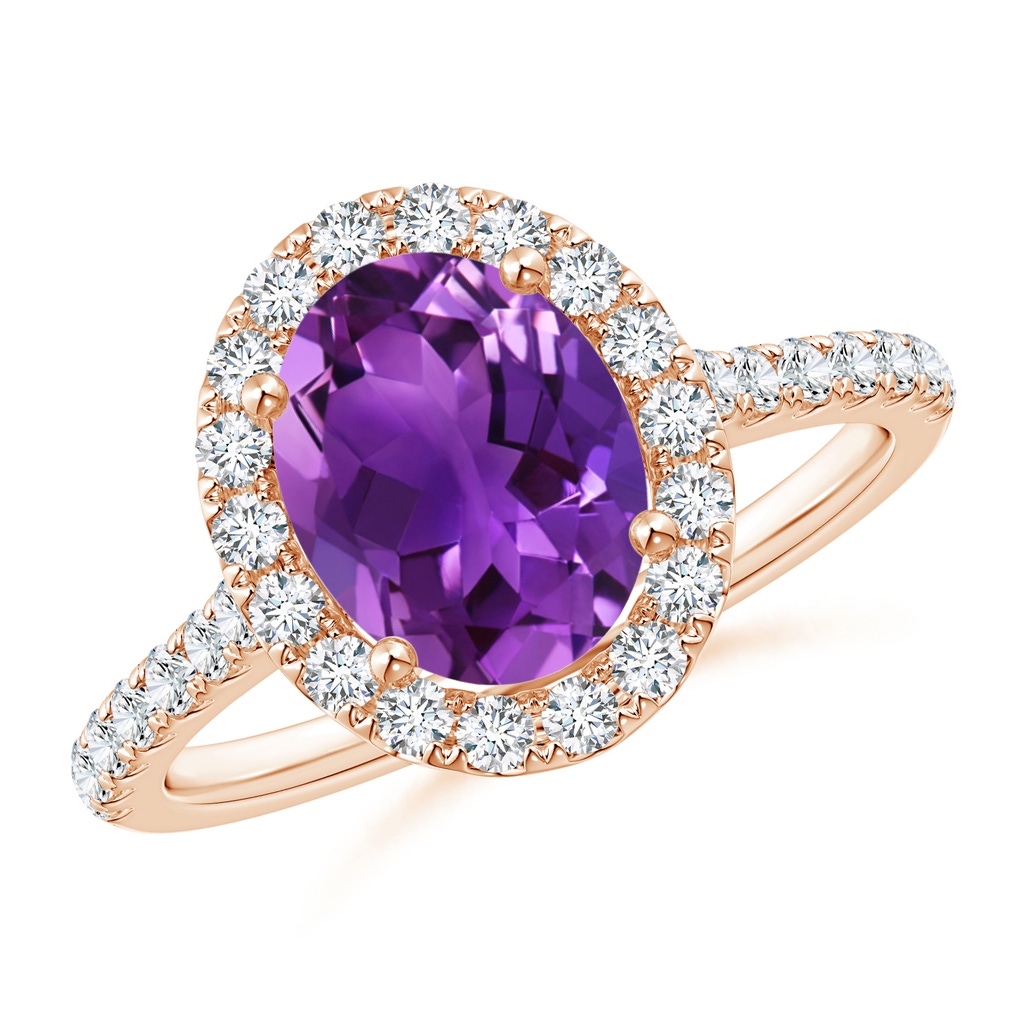 9x7mm AAAA Oval Amethyst Halo Ring with Diamond Accents in Rose Gold