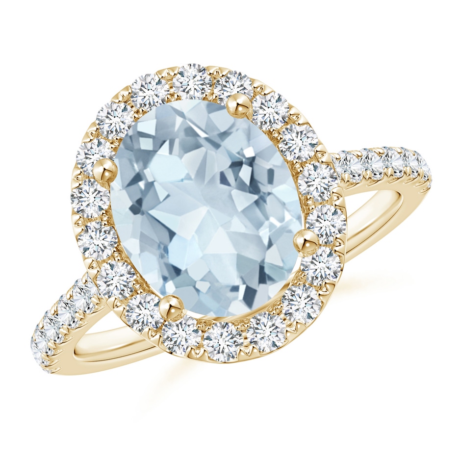 10x8mm A Prong-Set Oval Aquamarine Halo Ring with Diamond Accents in Yellow Gold 