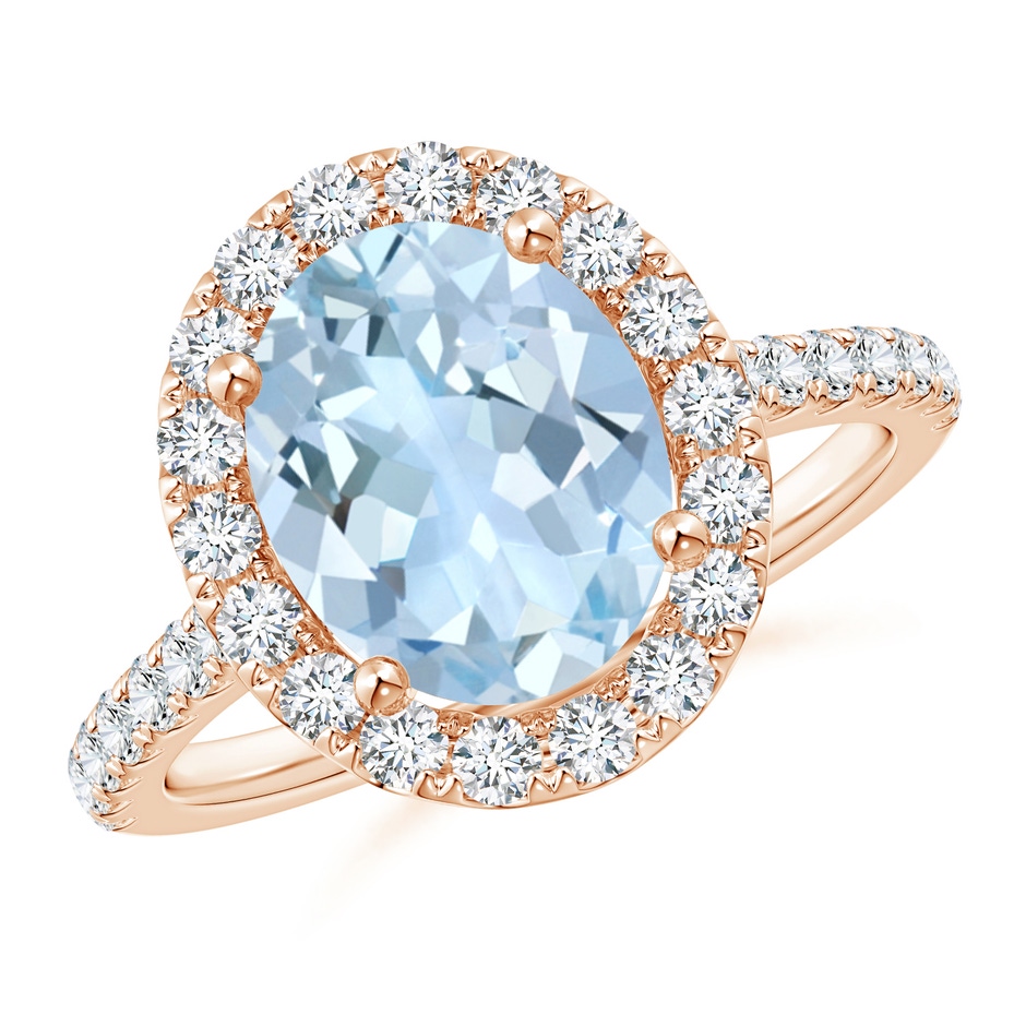 10x8mm AA Prong-Set Oval Aquamarine Halo Ring with Diamond Accents in Rose Gold 