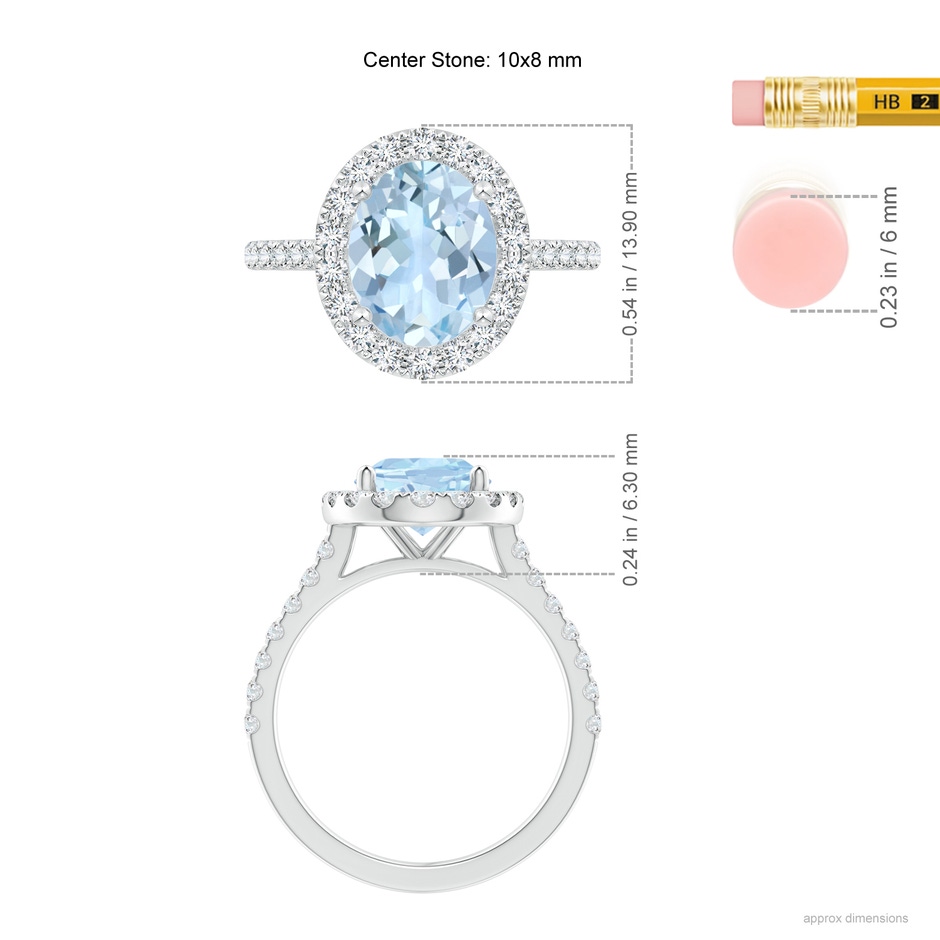 10x8mm AA Prong-Set Oval Aquamarine Halo Ring with Diamond Accents in White Gold ruler