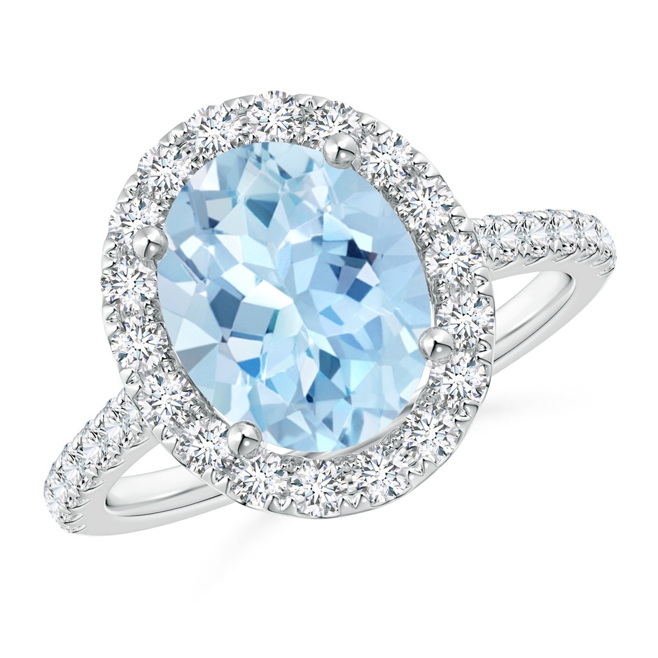 10x8mm AAA Prong-Set Oval Aquamarine Halo Ring with Diamond Accents in P950 Platinum 
