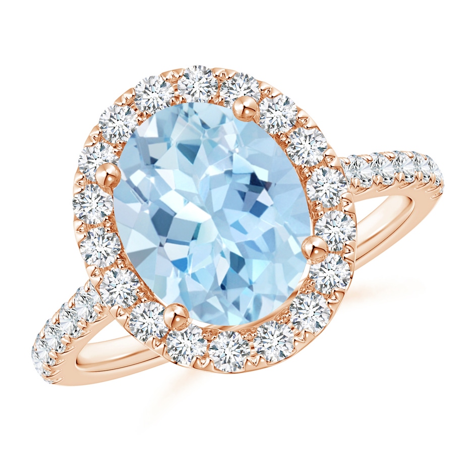 10x8mm AAA Prong-Set Oval Aquamarine Halo Ring with Diamond Accents in Rose Gold 