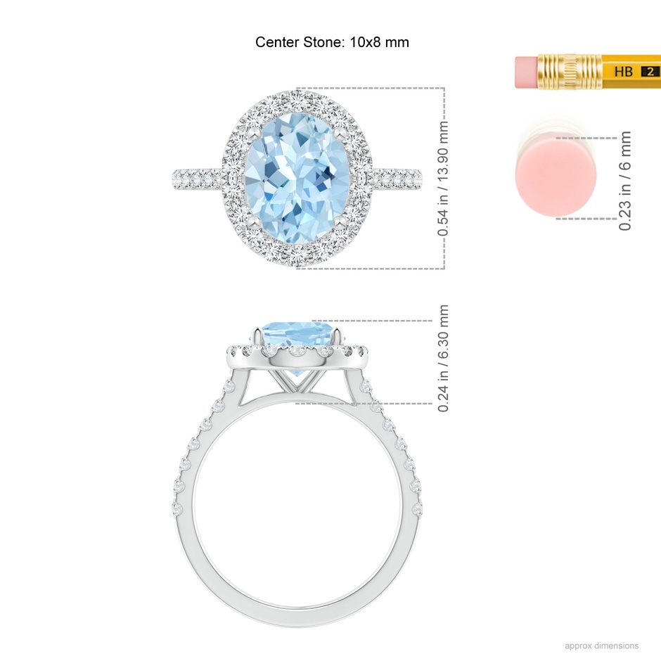 10x8mm AAA Prong-Set Oval Aquamarine Halo Ring with Diamond Accents in White Gold ruler