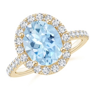 10x8mm AAA Oval Aquamarine Halo Ring with Diamond Accents in Yellow Gold