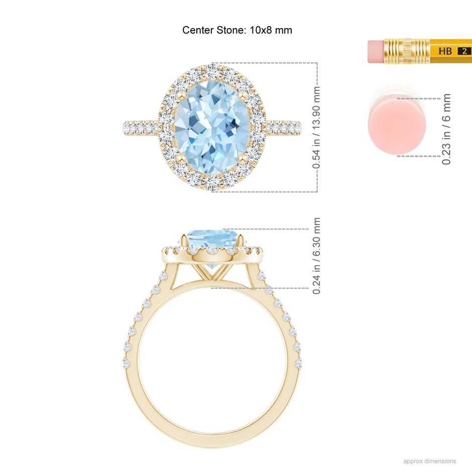 10x8mm AAA Prong-Set Oval Aquamarine Halo Ring with Diamond Accents in Yellow Gold ruler