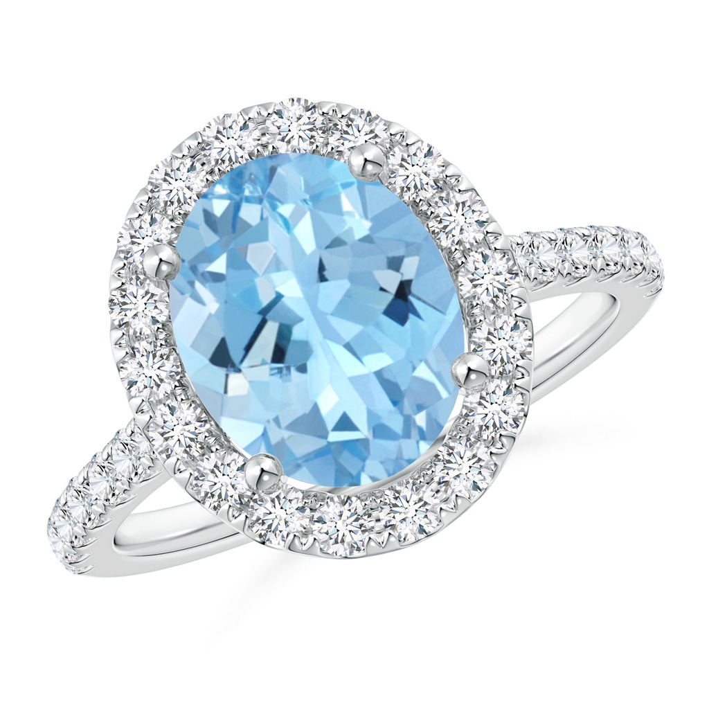 10x8mm AAAA Prong-Set Oval Aquamarine Halo Ring with Diamond Accents in P950 Platinum