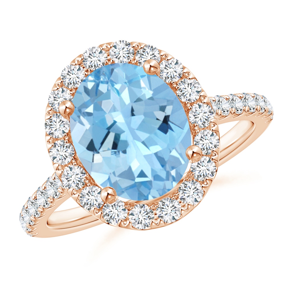 10x8mm AAAA Prong-Set Oval Aquamarine Halo Ring with Diamond Accents in Rose Gold