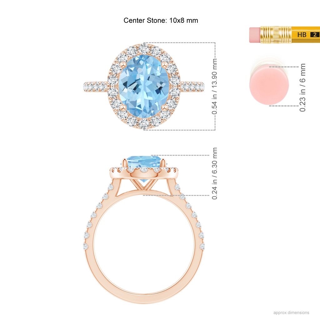 10x8mm AAAA Oval Aquamarine Halo Ring with Diamond Accents in Rose Gold Ruler