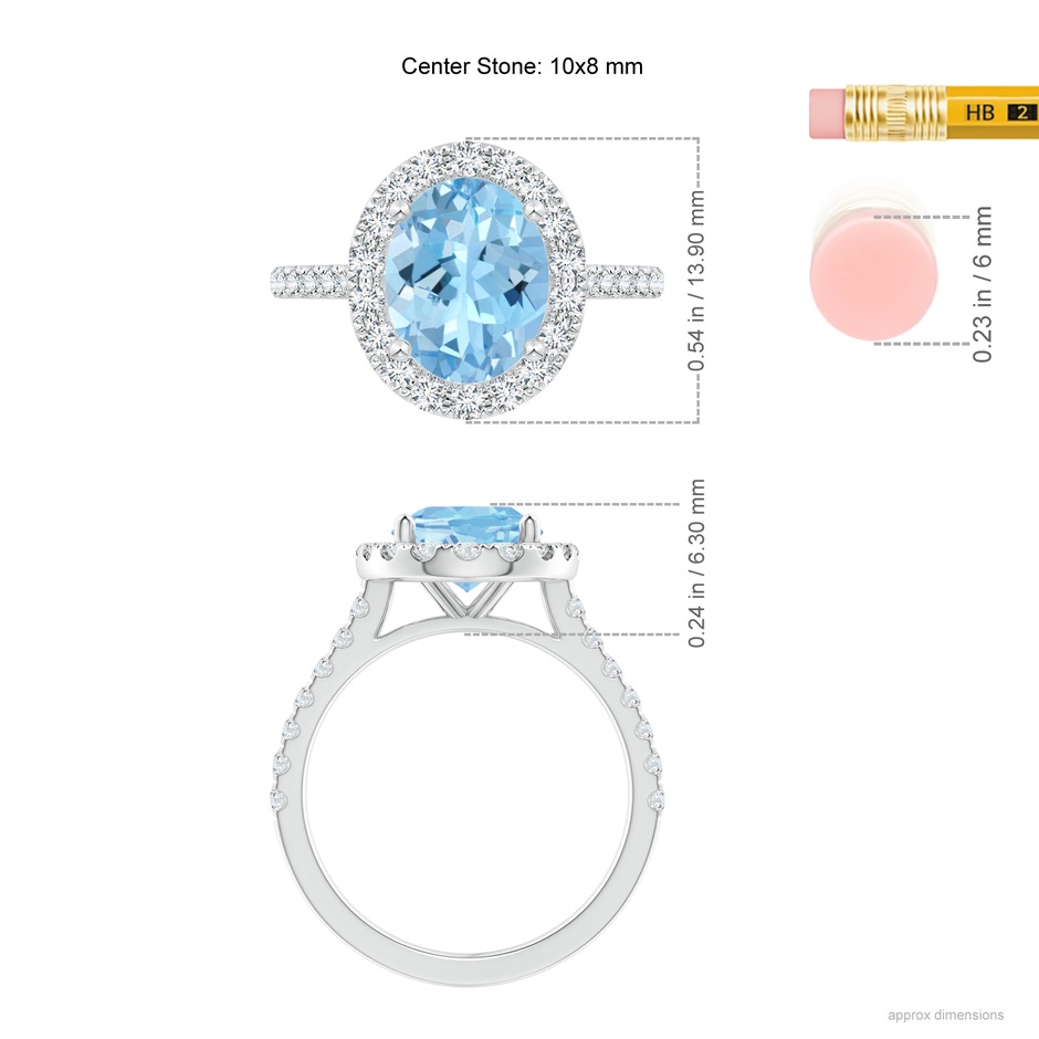10x8mm AAAA Prong-Set Oval Aquamarine Halo Ring with Diamond Accents in White Gold ruler
