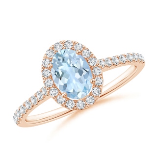 7x5mm AA Oval Aquamarine Halo Ring with Diamond Accents in Rose Gold