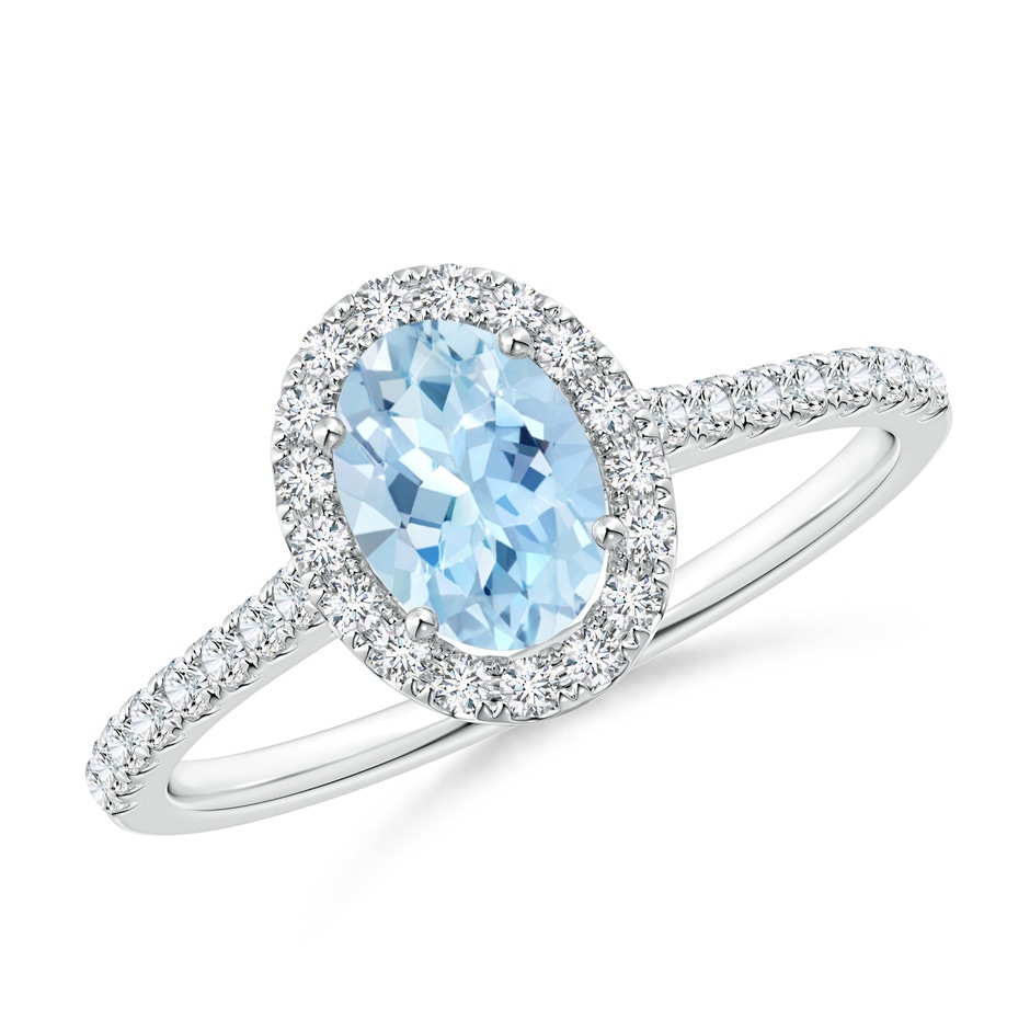 7x5mm AAA Prong-Set Oval Aquamarine Halo Ring with Diamond Accents in White Gold 