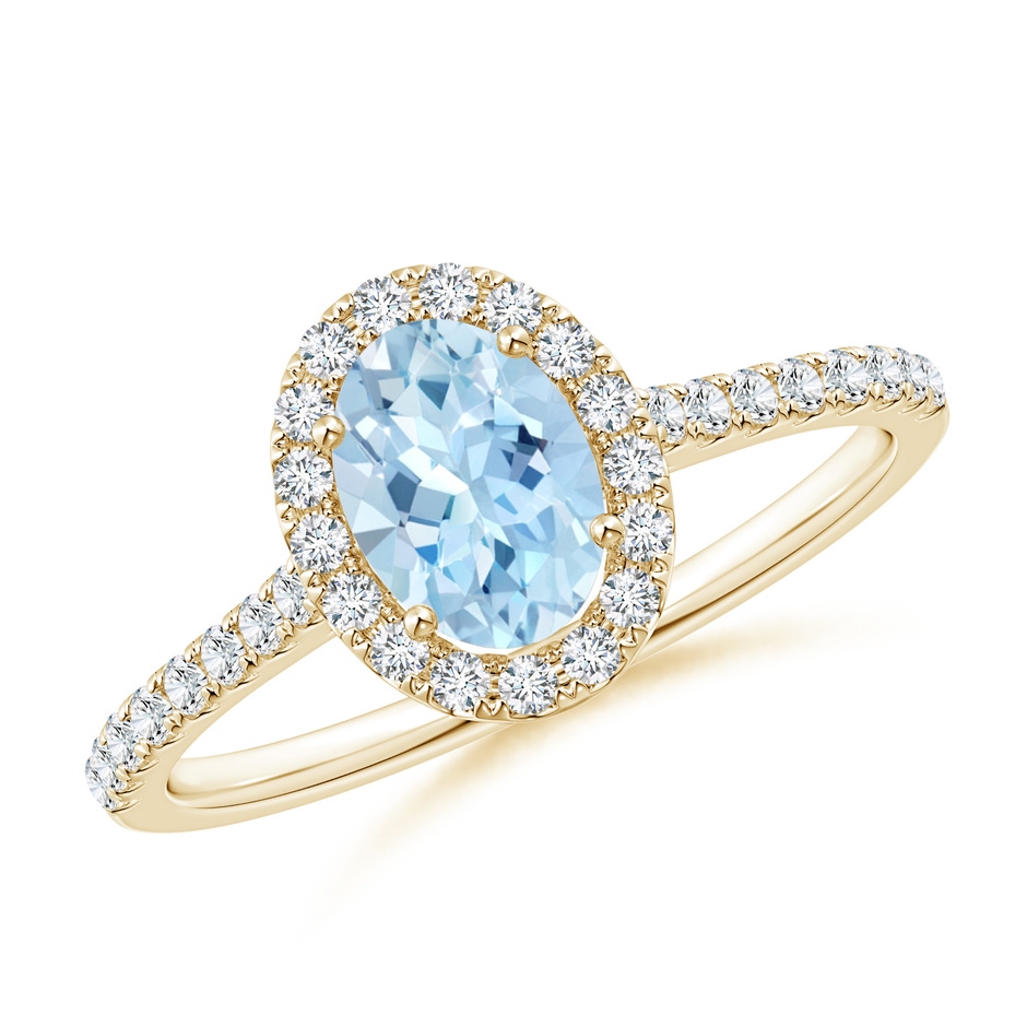 7x5mm AAA Prong-Set Oval Aquamarine Halo Ring with Diamond Accents in Yellow Gold 