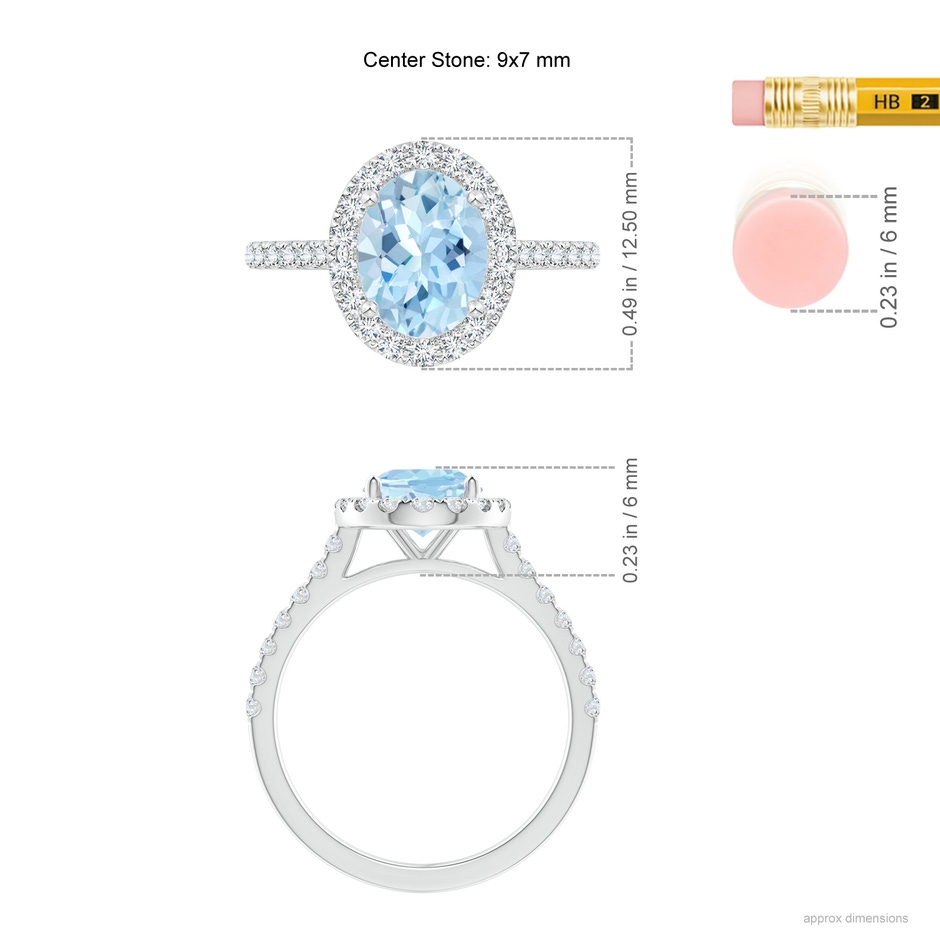 9x7mm AAA Prong-Set Oval Aquamarine Halo Ring with Diamond Accents in White Gold ruler