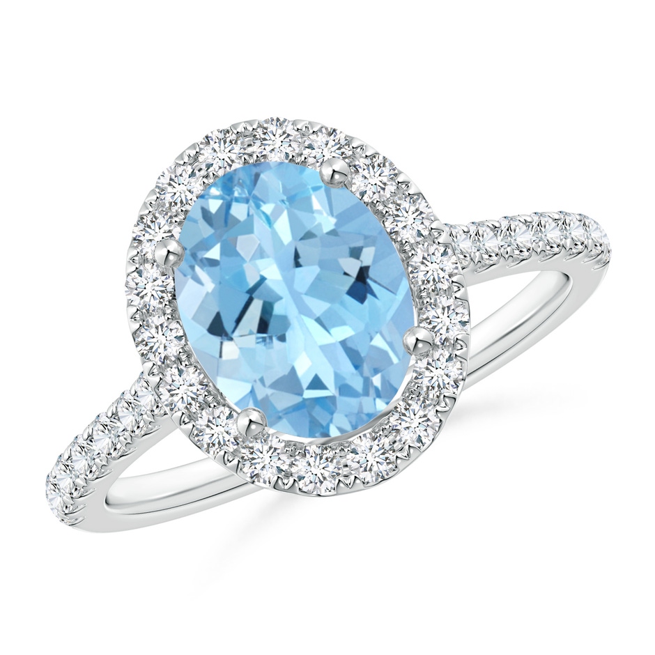 9x7mm AAAA Prong-Set Oval Aquamarine Halo Ring with Diamond Accents in P950 Platinum 