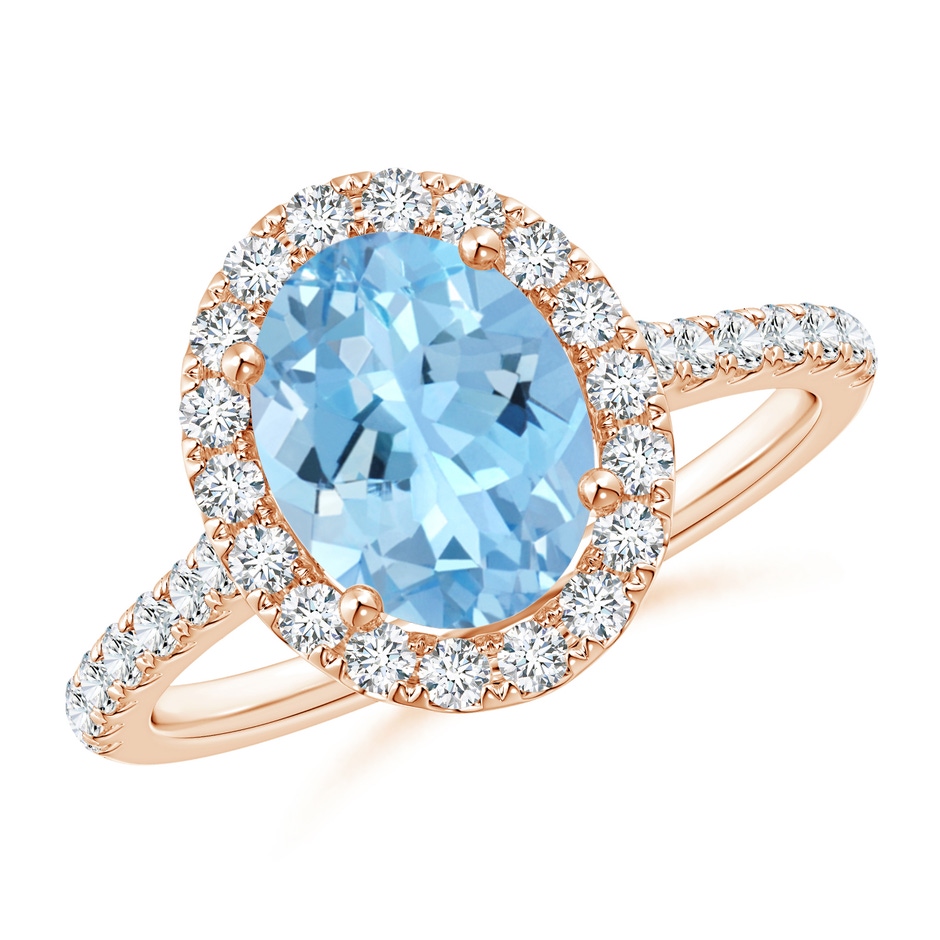 9x7mm AAAA Prong-Set Oval Aquamarine Halo Ring with Diamond Accents in Rose Gold 
