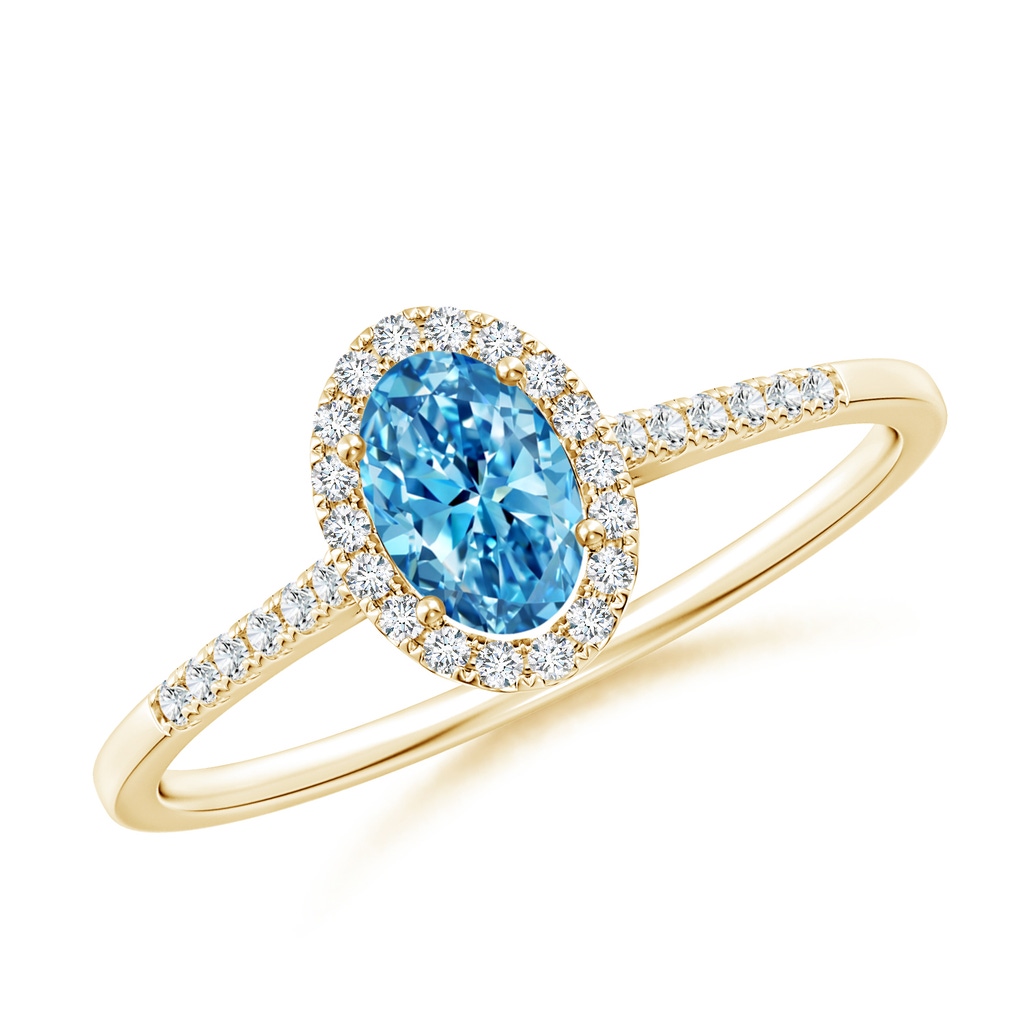 6x4mm AAAA Oval Fancy Intense Blue Diamond Halo Ring in Yellow Gold