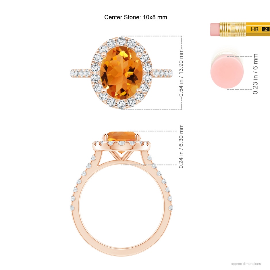 10x8mm AAA Prong-Set Oval Citrine Halo Ring with Diamond Accents in Rose Gold ruler