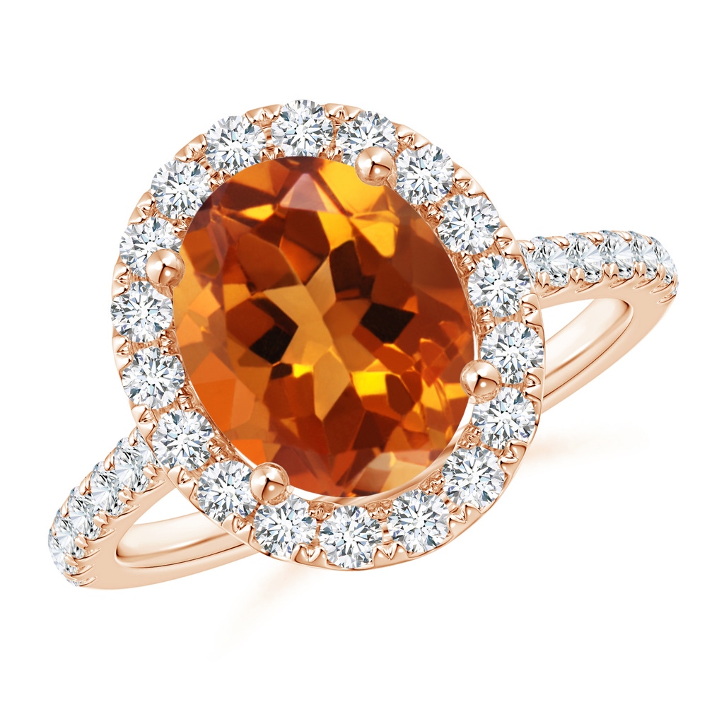 10x8mm AAAA Prong-Set Oval Citrine Halo Ring with Diamond Accents in Rose Gold