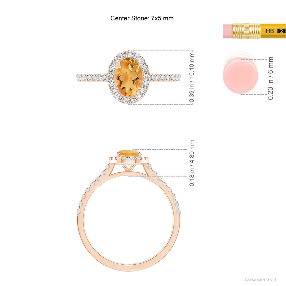 7x5mm A Prong-Set Oval Citrine Halo Ring with Diamond Accents in Rose Gold ruler