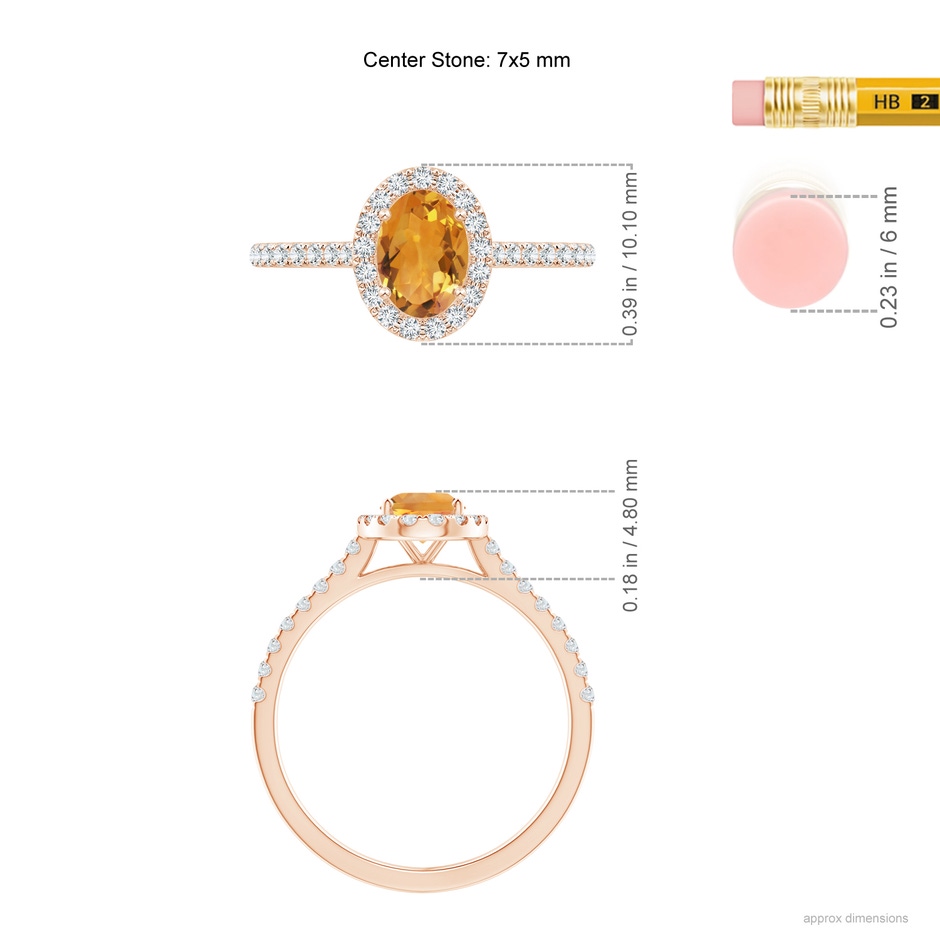 7x5mm AA Prong-Set Oval Citrine Halo Ring with Diamond Accents in Rose Gold ruler