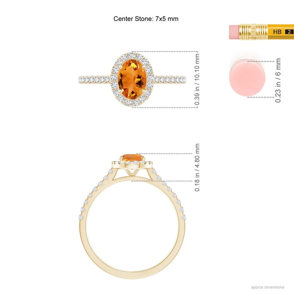 7x5mm AAA Prong-Set Oval Citrine Halo Ring with Diamond Accents in Yellow Gold ruler
