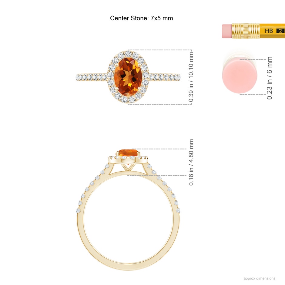 7x5mm AAAA Prong-Set Oval Citrine Halo Ring with Diamond Accents in Yellow Gold ruler