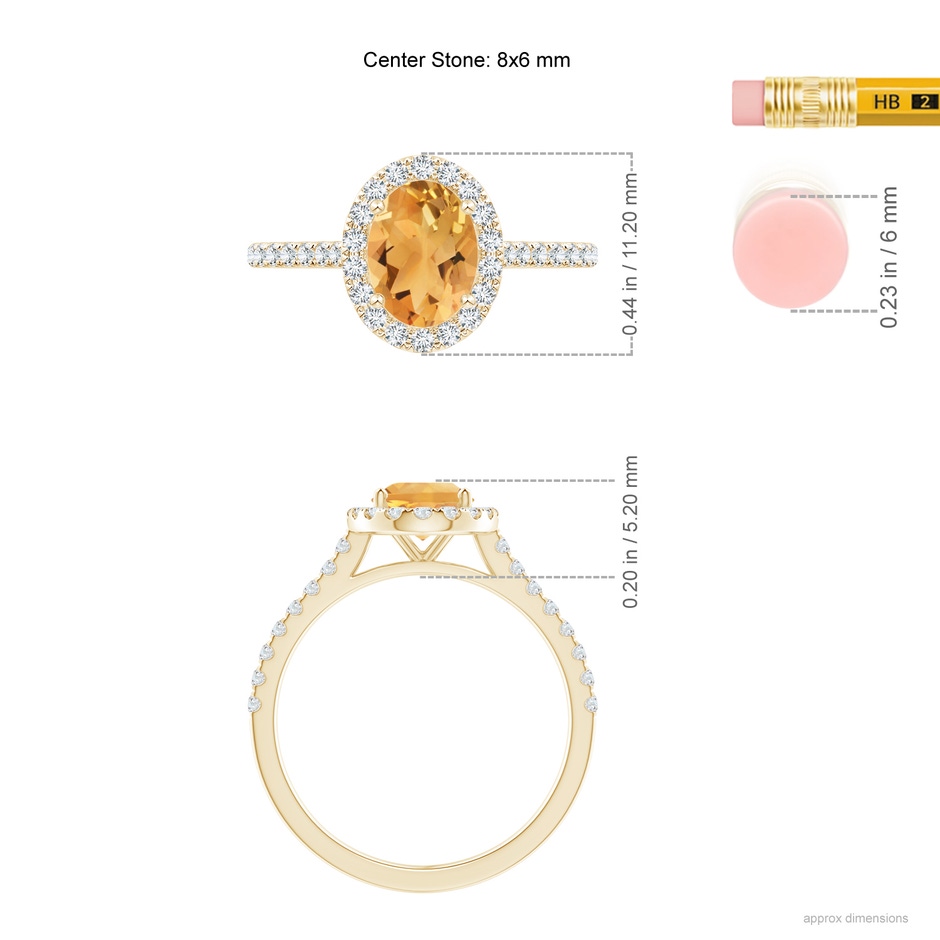8x6mm A Prong-Set Oval Citrine Halo Ring with Diamond Accents in Yellow Gold ruler