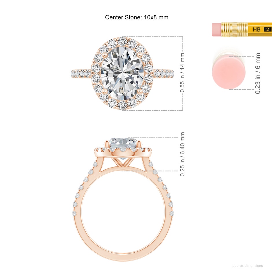 10x8mm HSI2 Oval Diamond Halo Ring with Accents in Rose Gold ruler