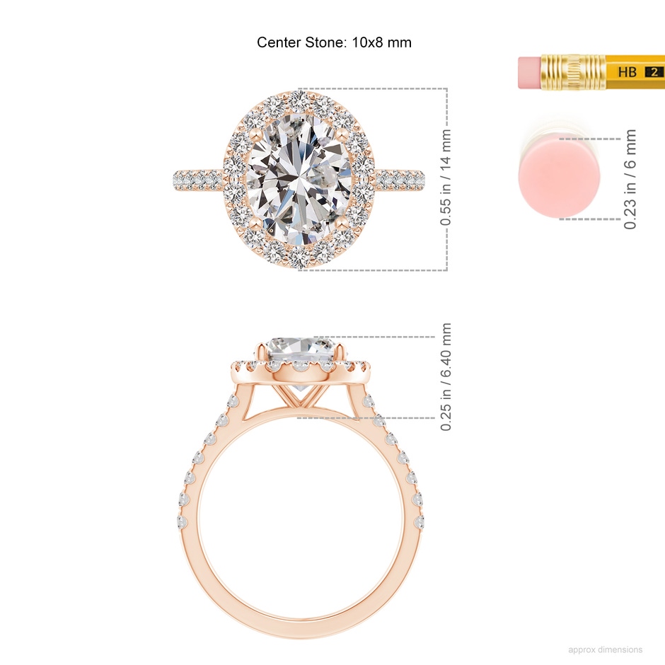 10x8mm II1 Oval Diamond Halo Ring with Accents in Rose Gold ruler