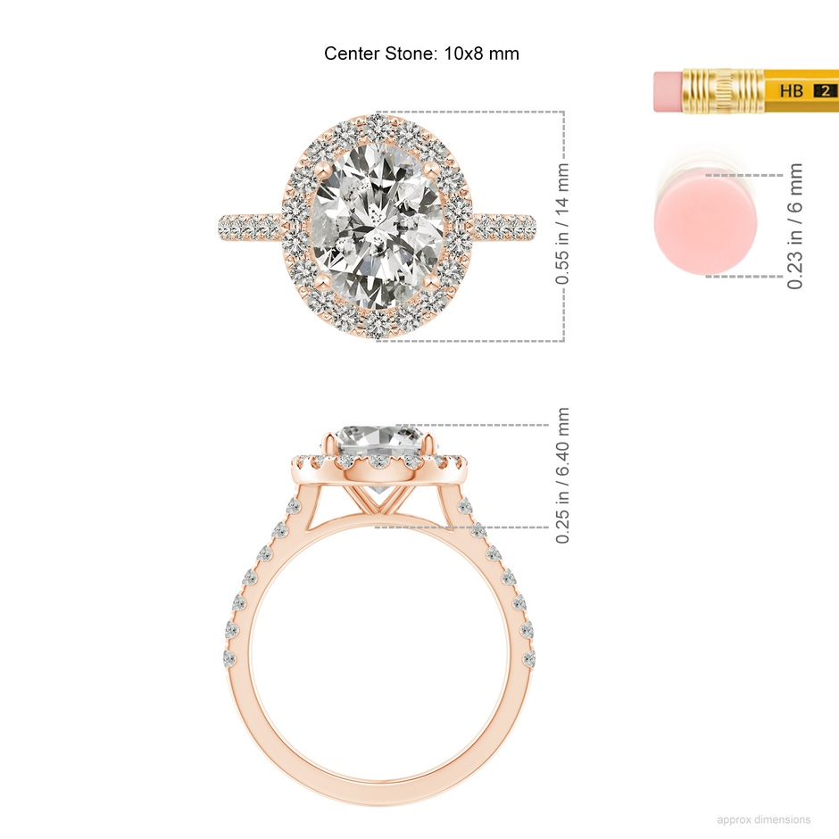 10x8mm JI2 Oval Diamond Halo Ring with Accents in Rose Gold ruler