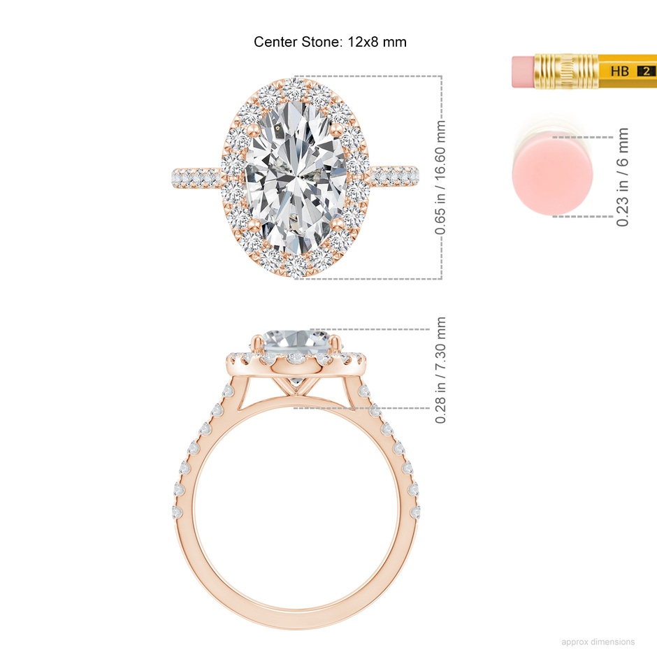 12x8mm HSI2 Oval Diamond Halo Ring with Accents in Rose Gold ruler