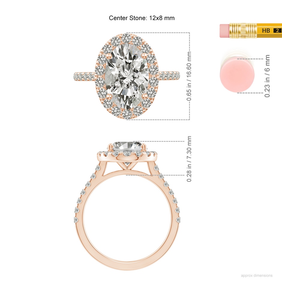 12x8mm JI2 Oval Diamond Halo Ring with Accents in Rose Gold ruler