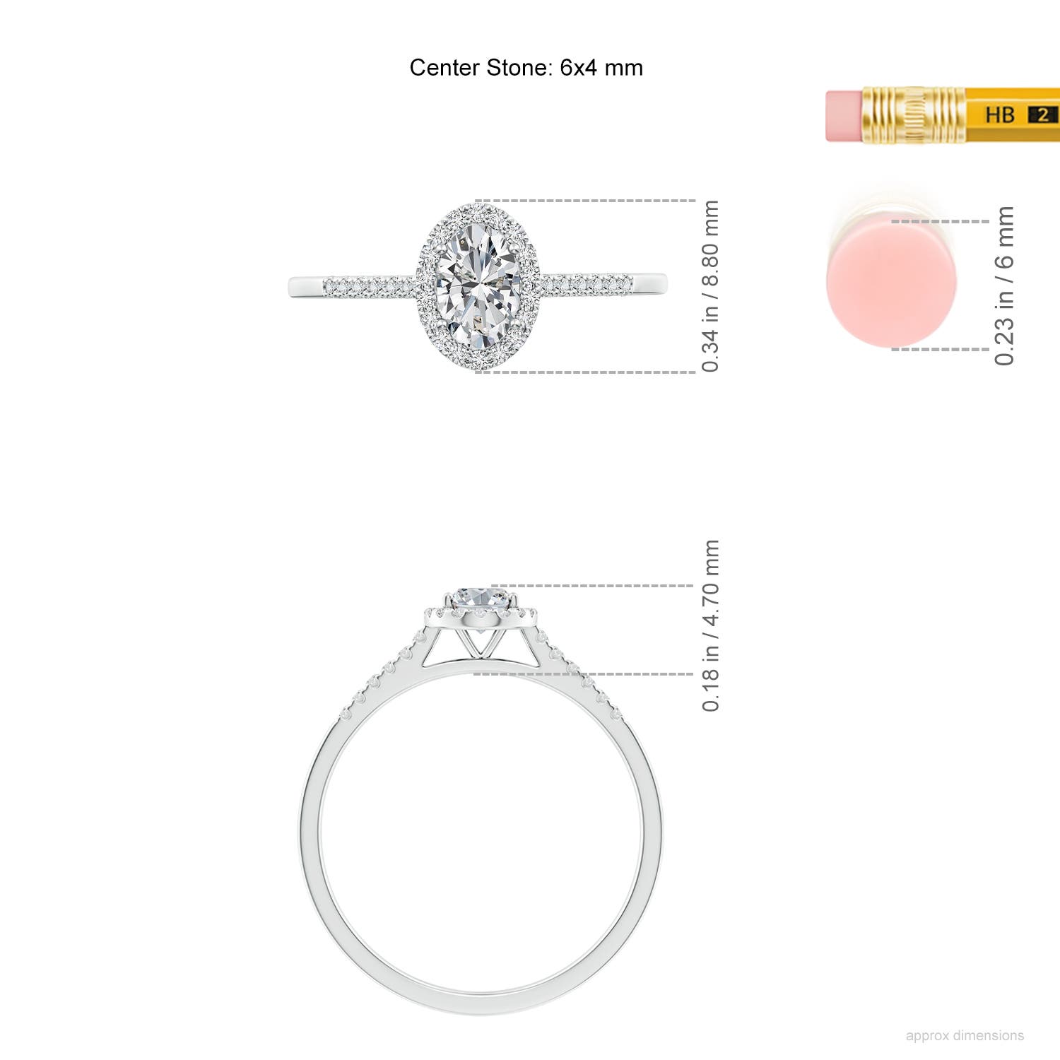 6x4mm HSI2 Oval Diamond Halo Ring with Accents in White Gold - ruler