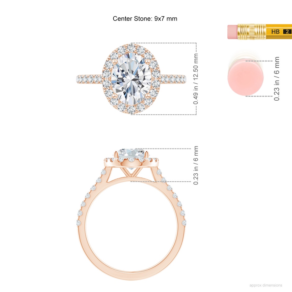 9x7mm GHVS Oval Diamond Halo Ring with Accents in Rose Gold ruler