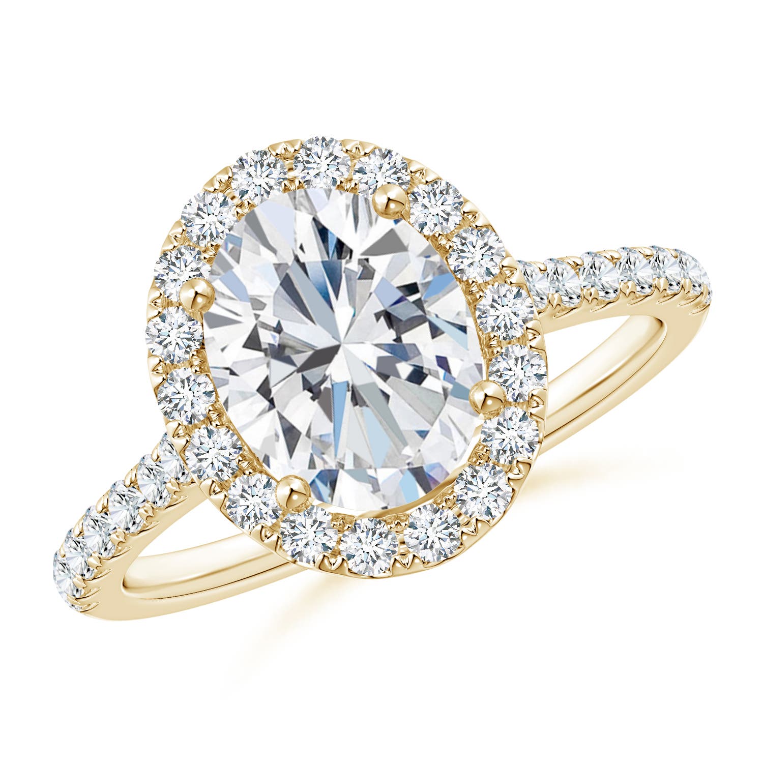 9x7mm GHVS Oval Diamond Halo Ring with Accents in Yellow Gold