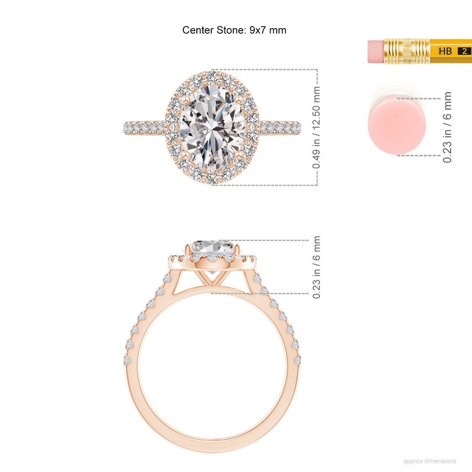9x7mm II1 Oval Diamond Halo Ring with Accents in Rose Gold ruler